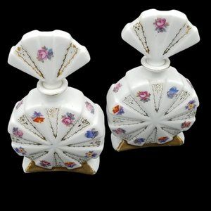 Vintage Pair Milk Glass Hand Painted Scent Bottles Japan